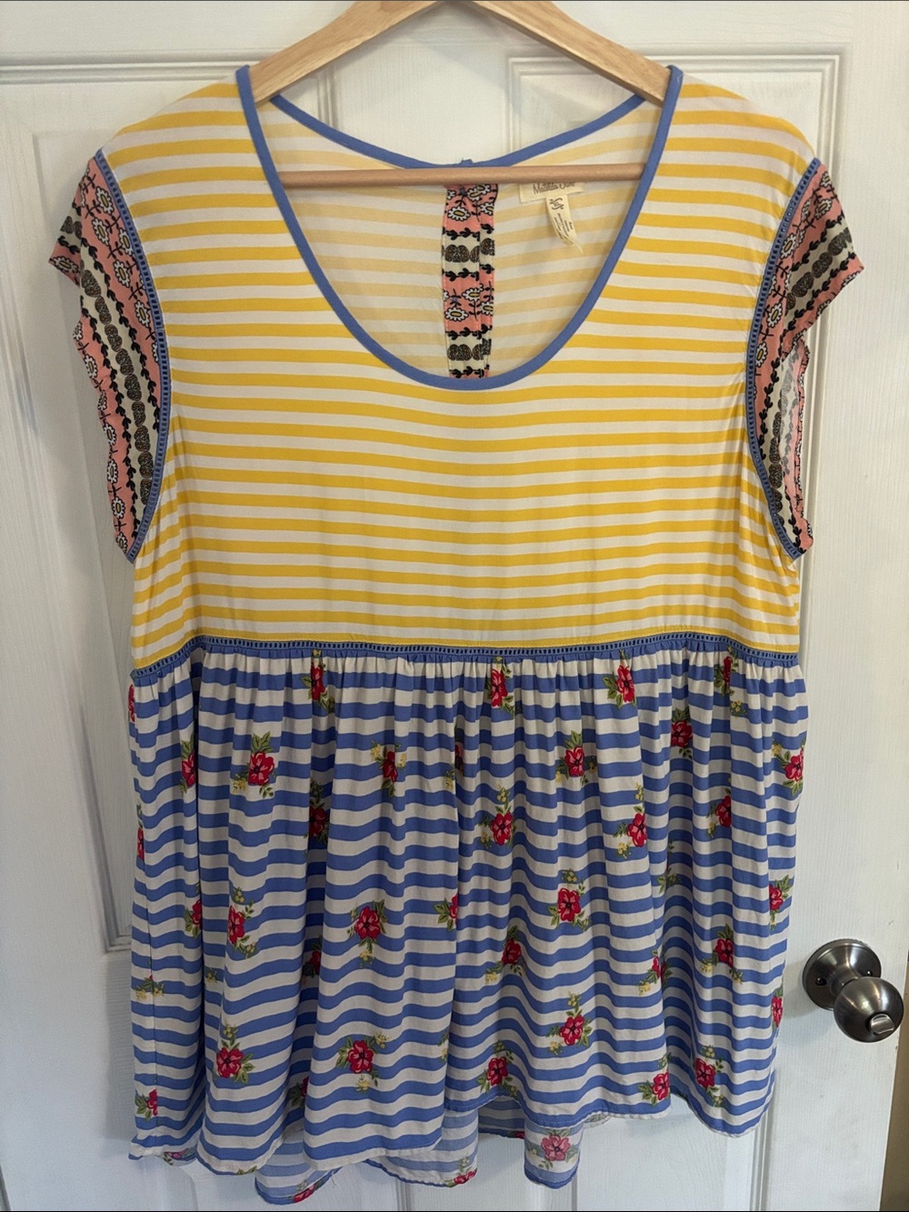 Matilda Jane Yellow & White Striped Top with Blue Trim and Pink Floral Panel